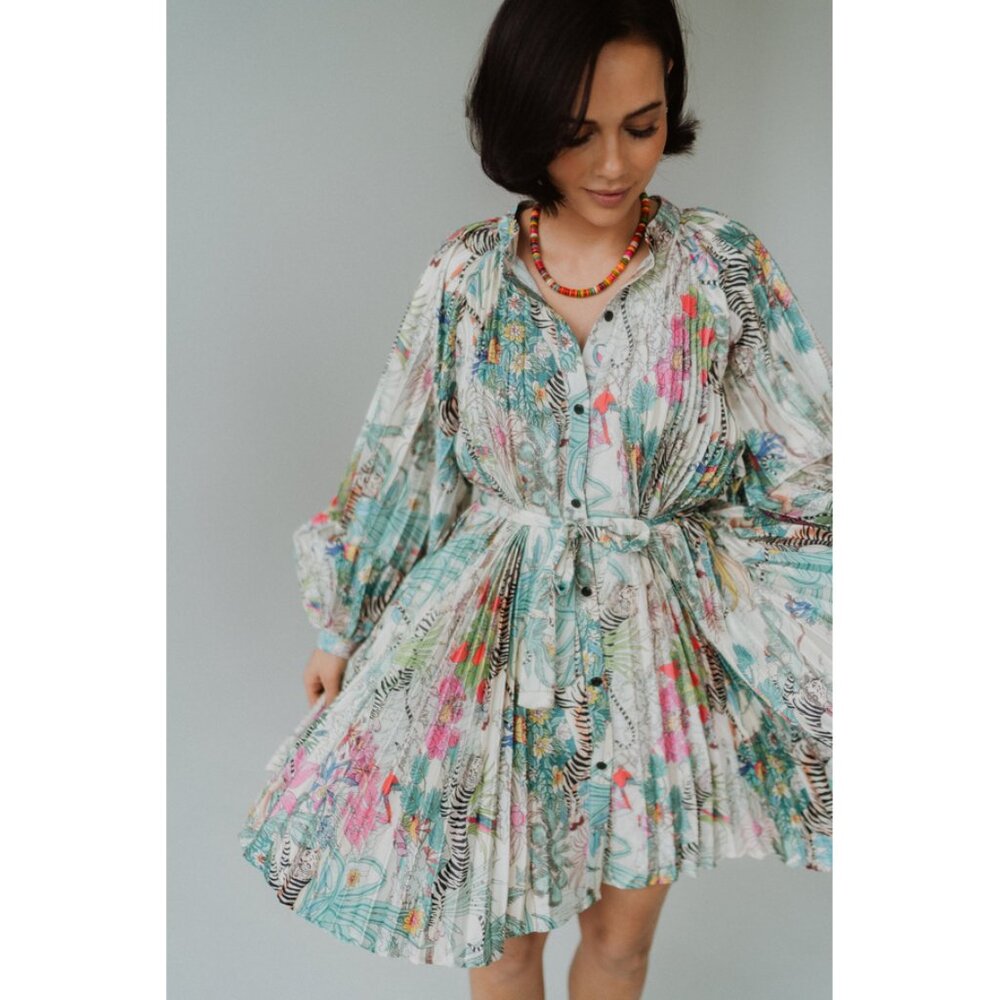 Beulah Style Exotic Print Pleat Belted Mini Dress